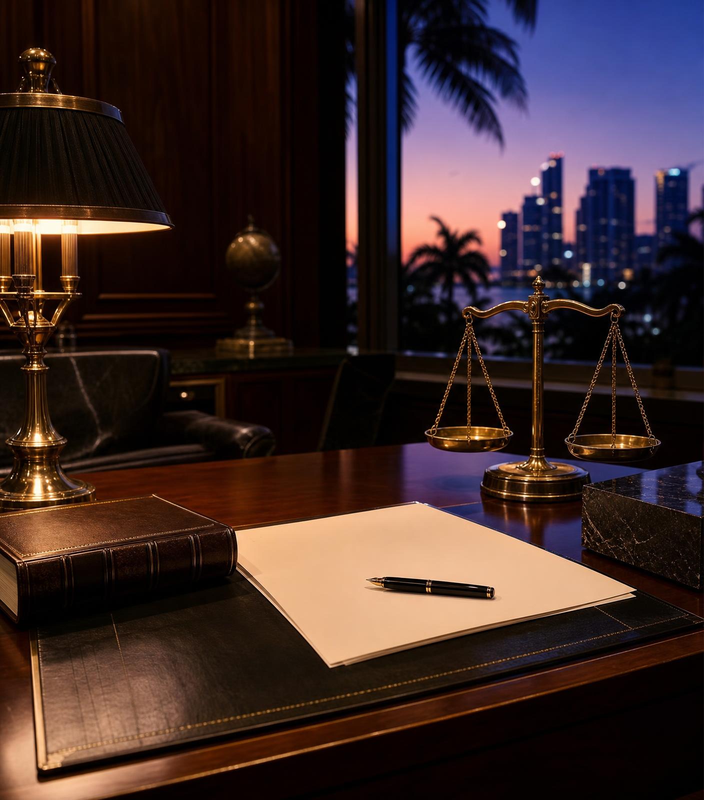A refined Miami legal office with brass scales of justice, leather-bound legal texts, and warm desk lighting